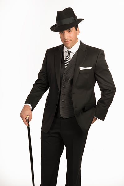 Black Separates Suit by Carelli is perfect for special events with pin dot vest, white twill Damon dress shirt, Silk tie, Black Stetson and Silver handle walking cane.